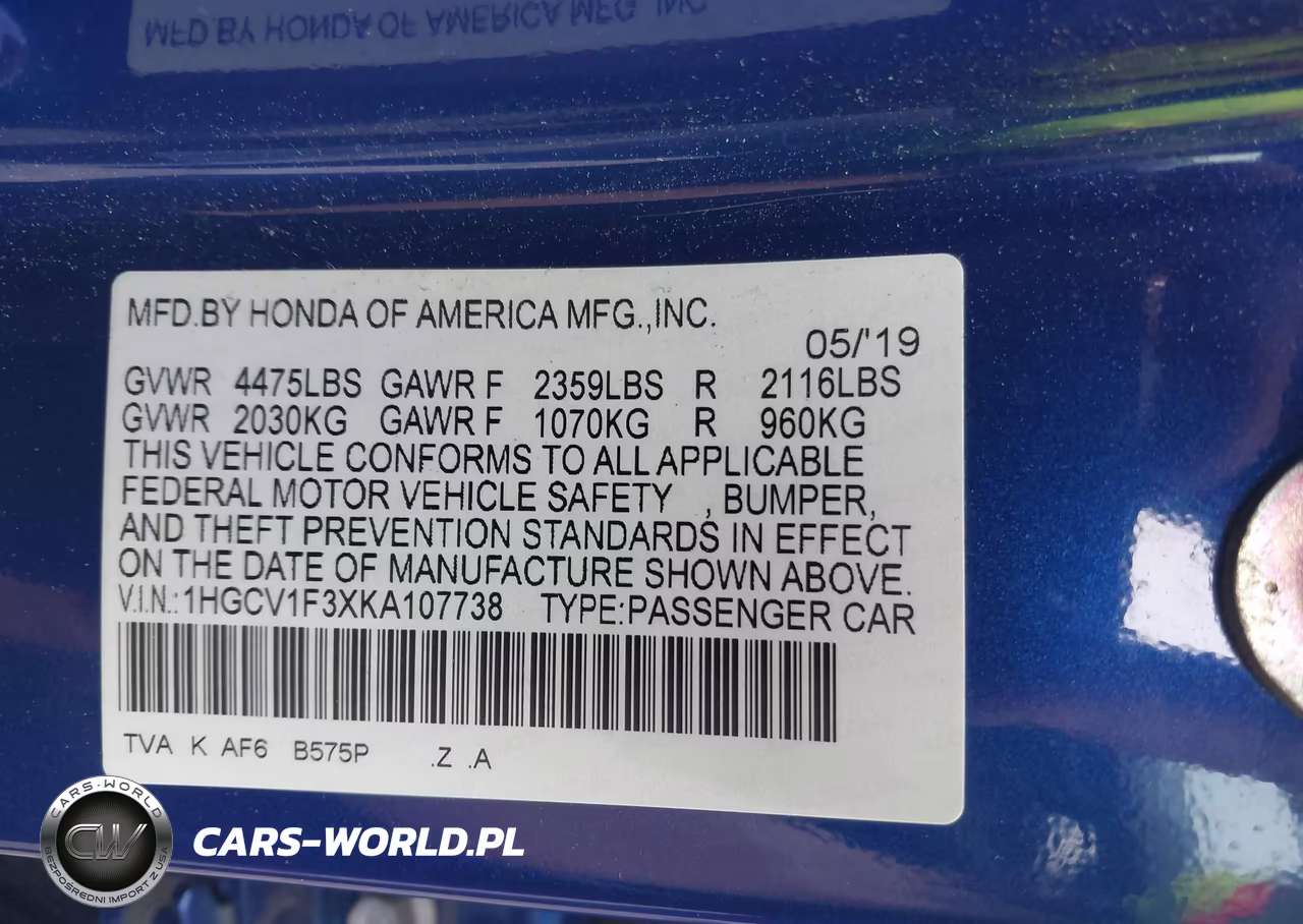2019 Honda Accord Sport VIN:1HGCV1F3XKA107738 - 9