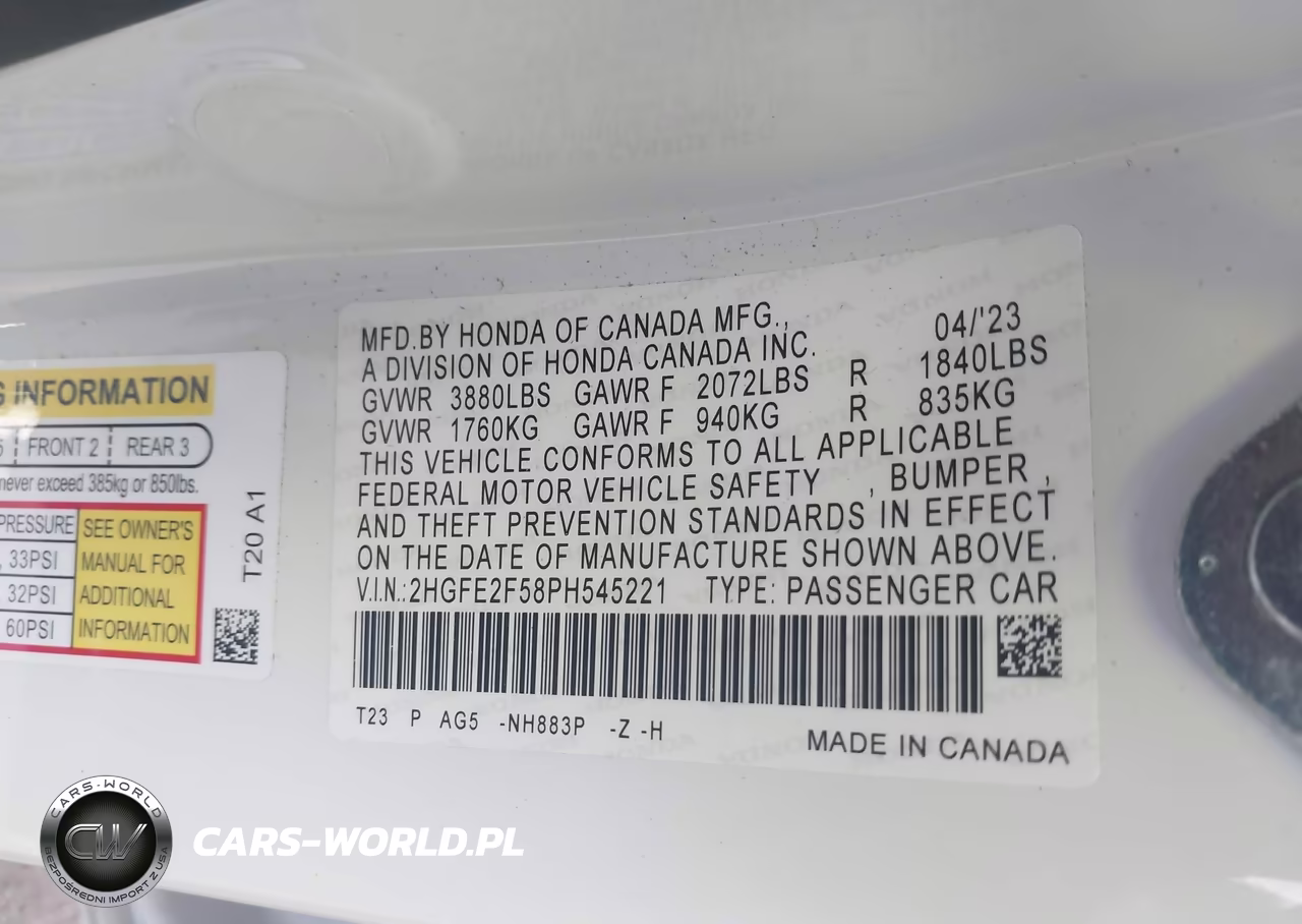 2023 Honda Civic Sport VIN:2HGFE2F58PH545221 - 9