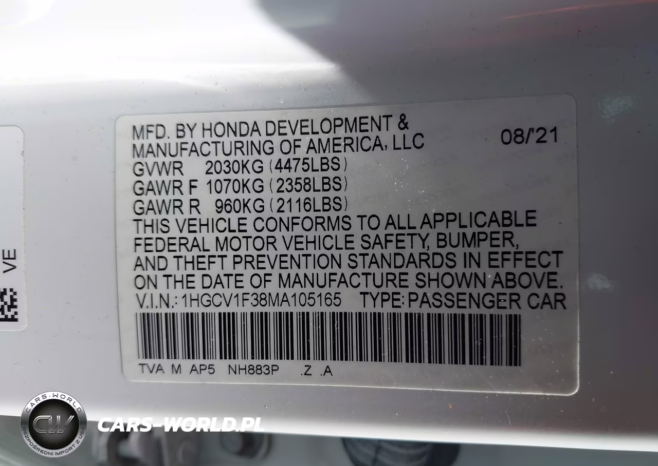 2021 Honda Accord Sport VIN:1HGCV1F38MA105165 - 9