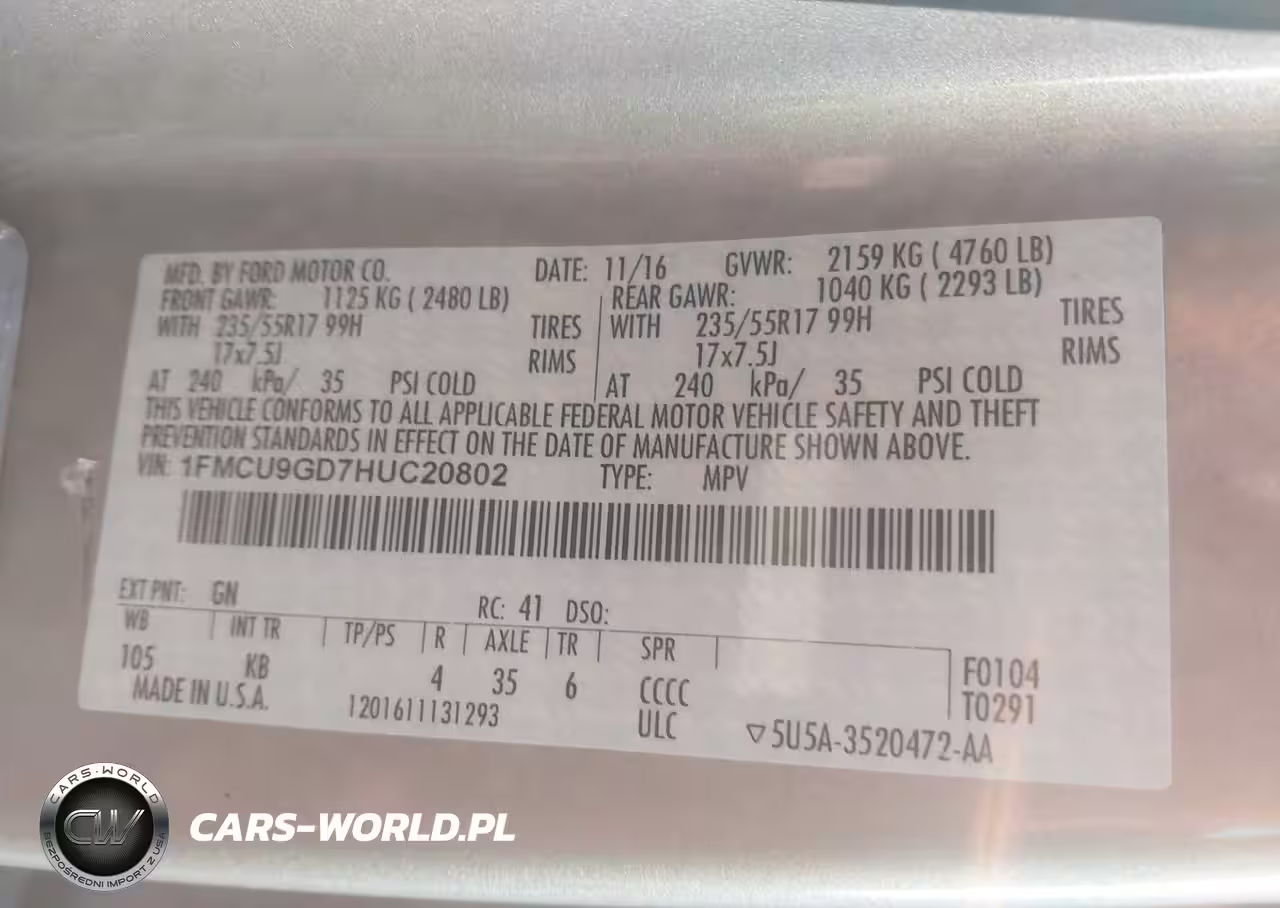 2017 FORD ESCAPE SE VIN:1FMCU9GD7HUC20802 - 9