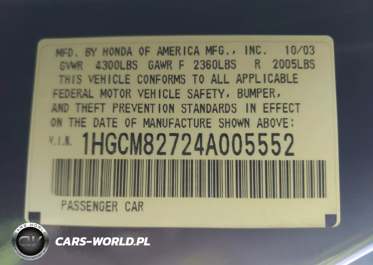 2004 Honda Accord 3.0 Ex VIN:1HGCM82724A005552 - 9