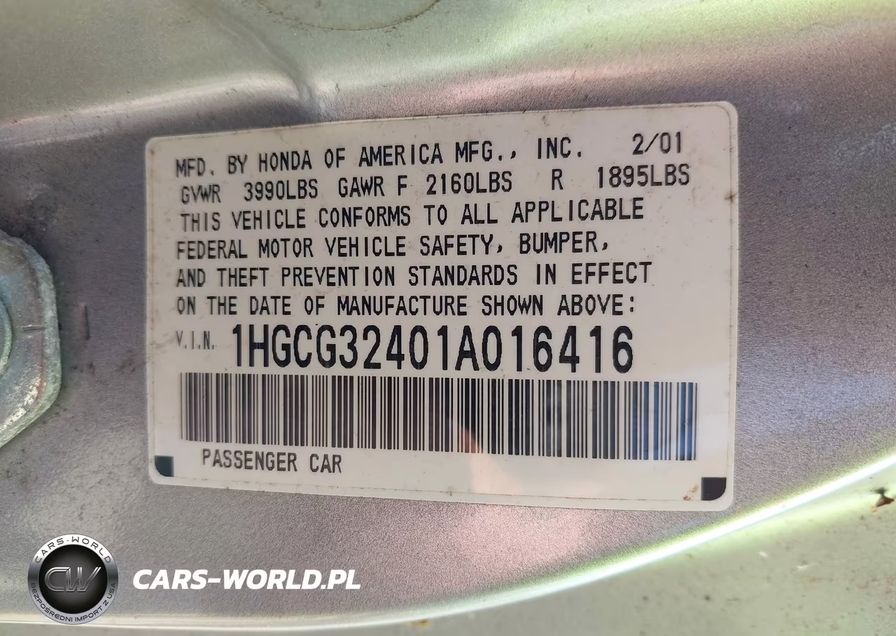 2001 Honda Accord 2.3 Lx VIN:1HGCG32401A016416 - 9