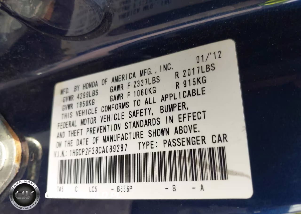 2012 Honda Accord 2.4 Lx VIN:1HGCP2F38CA089287 - 9