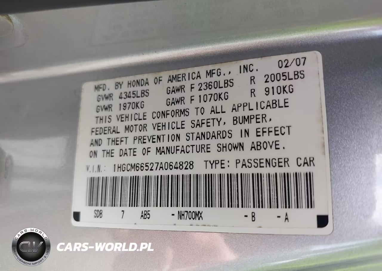 2007 Honda Accord 3.0 Ex VIN:1HGCM66527A064828 - 9