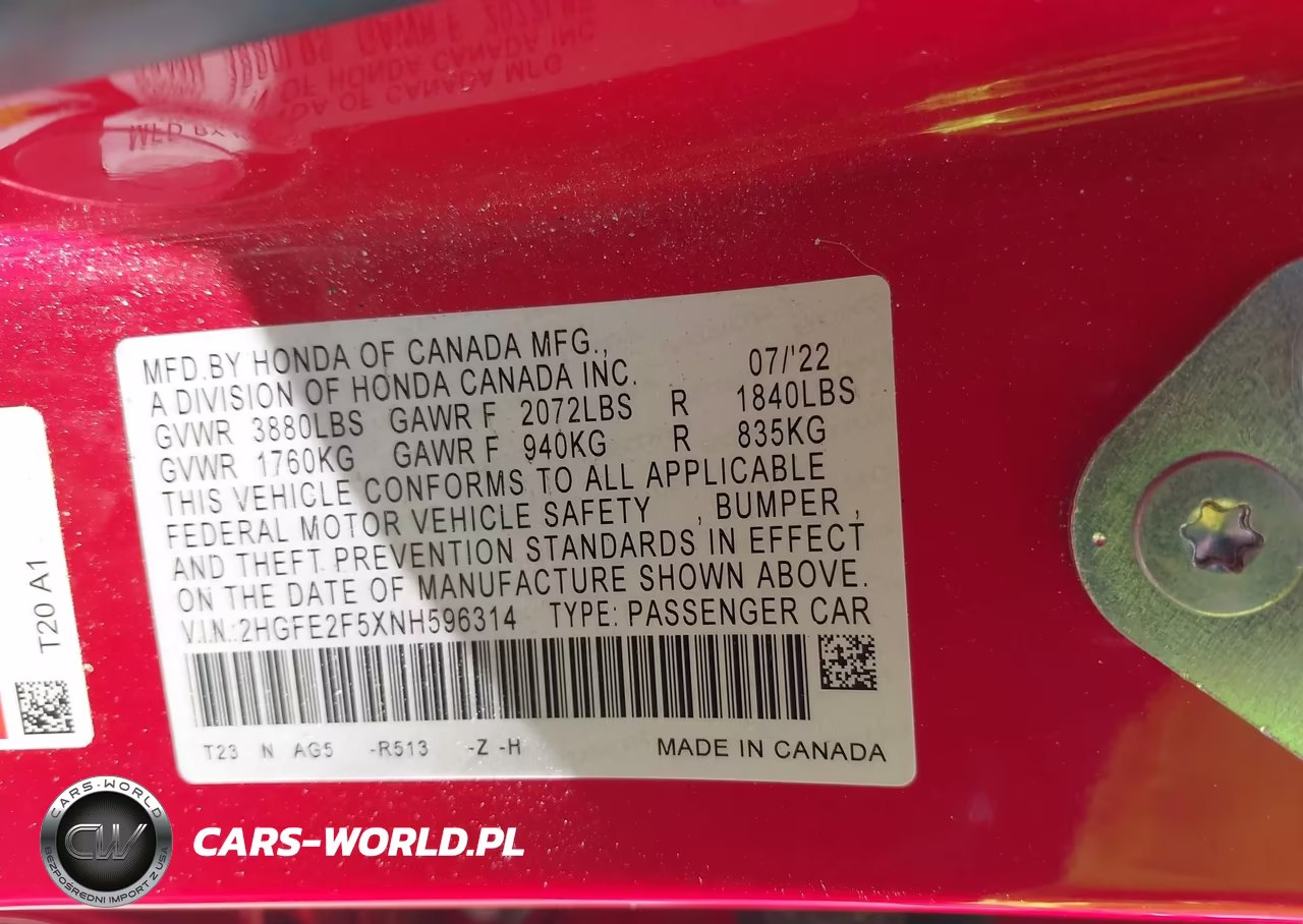 2022 Honda Civic Sport VIN:2HGFE2F5XNH596314 - 9
