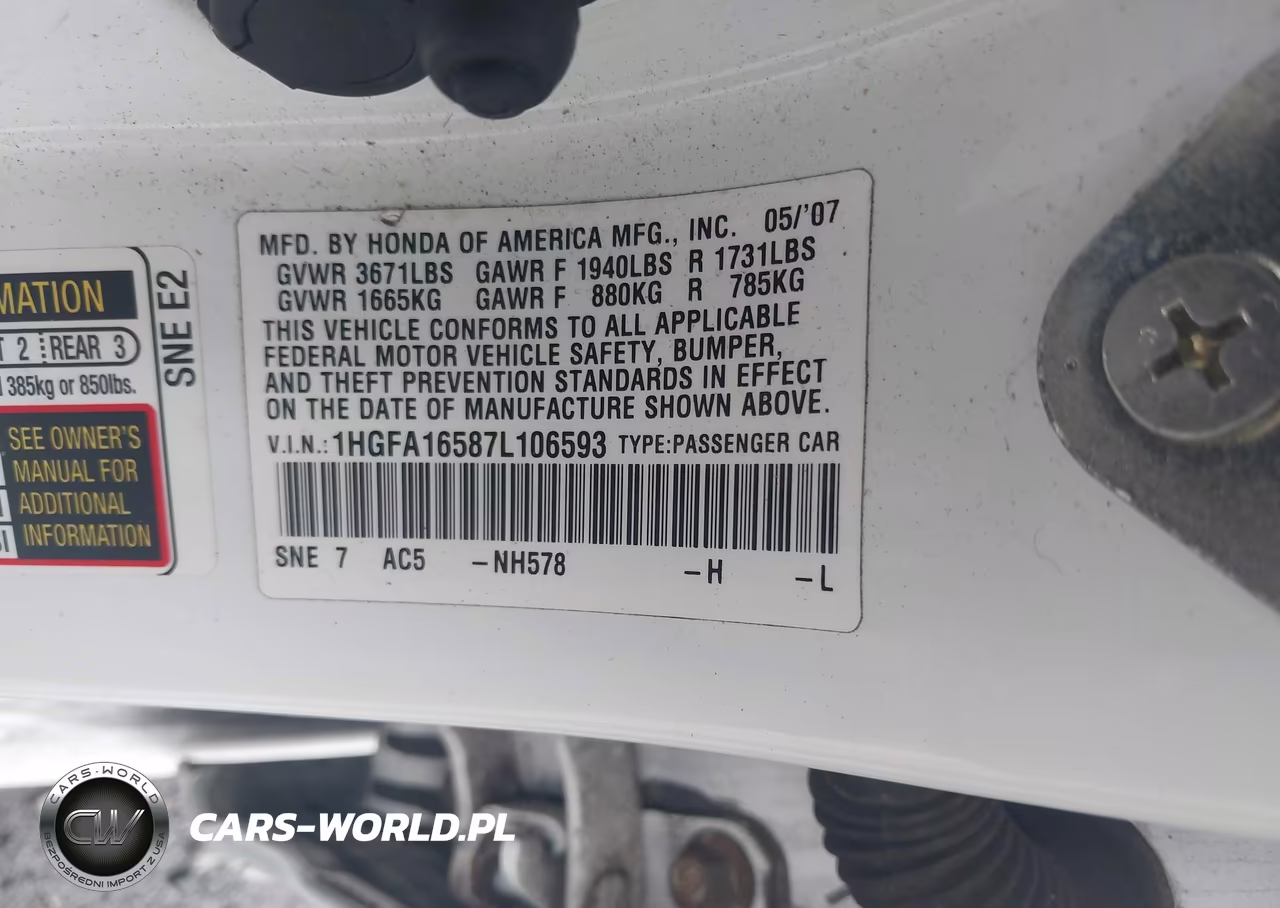 2007 Honda Civic Lx VIN:1HGFA16587L106593 - 9