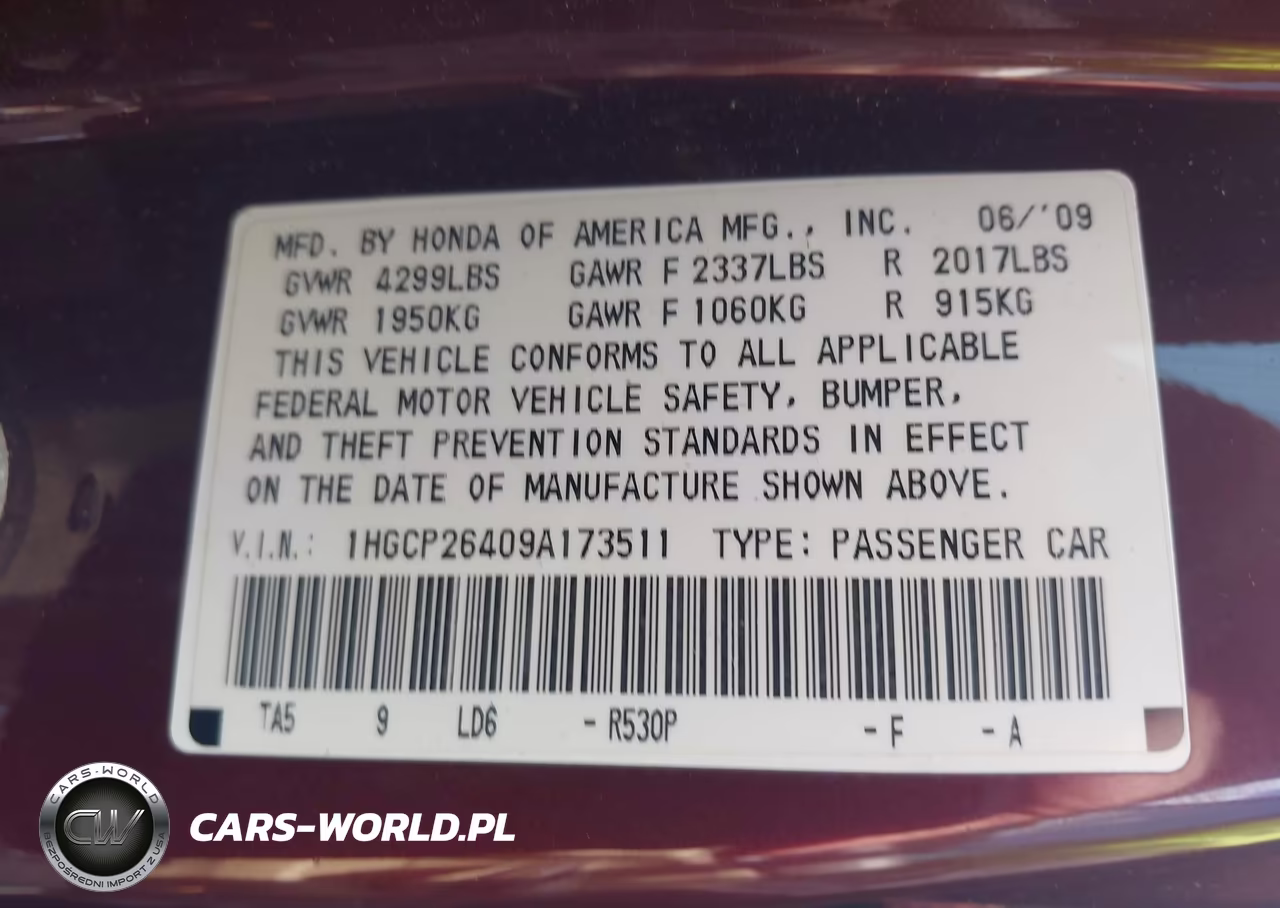 2009 Honda Accord 2.4 Lx-P VIN:1HGCP26409A173511 - 9