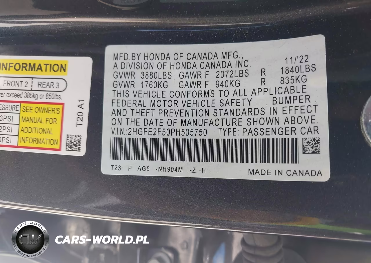 2023 Honda Civic Sport VIN:2HGFE2F50PH505750 - 9