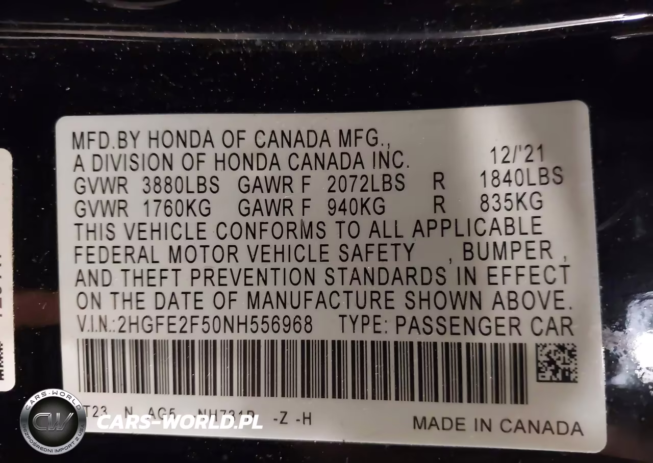 2022 Honda Civic Sport VIN:2HGFE2F50NH556968 - 9