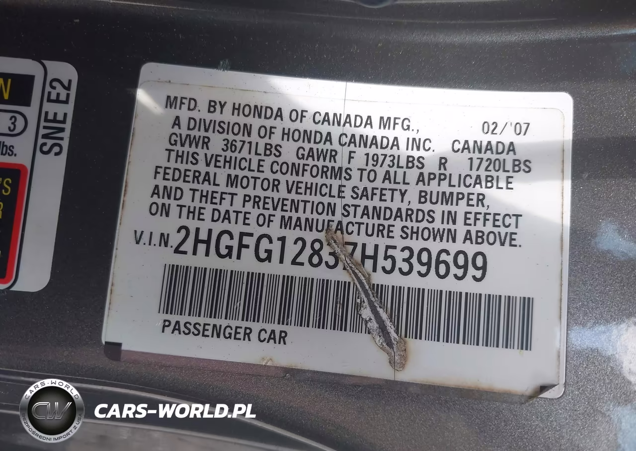 2007 Honda Civic Ex VIN:2HGFG12837H539699 - 9