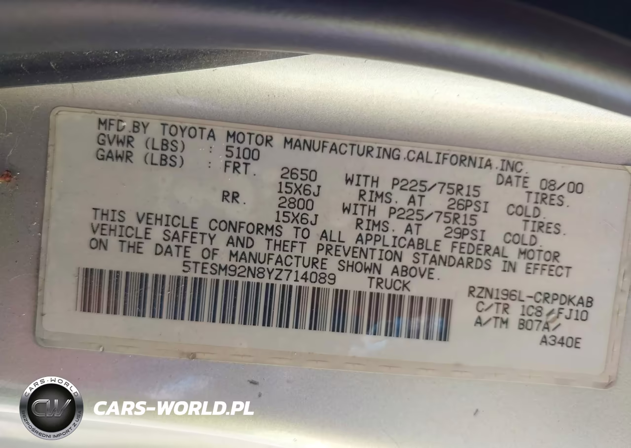 2000 Toyota Tacoma Prerunner VIN:5TESM92N8YZ714089 - 9