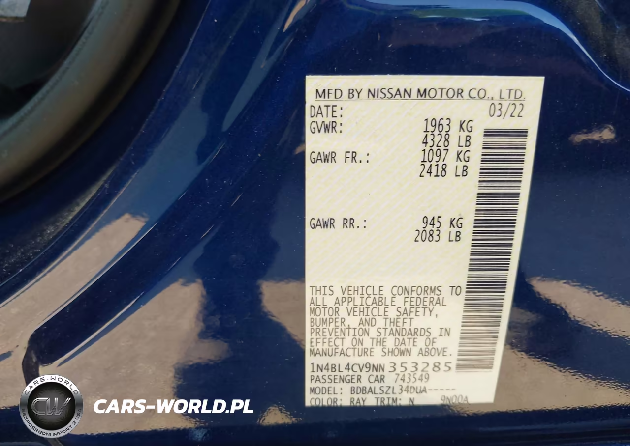 2022 Nissan Altima Sr Fwd VIN:1N4BL4CV9NN353285 - 9