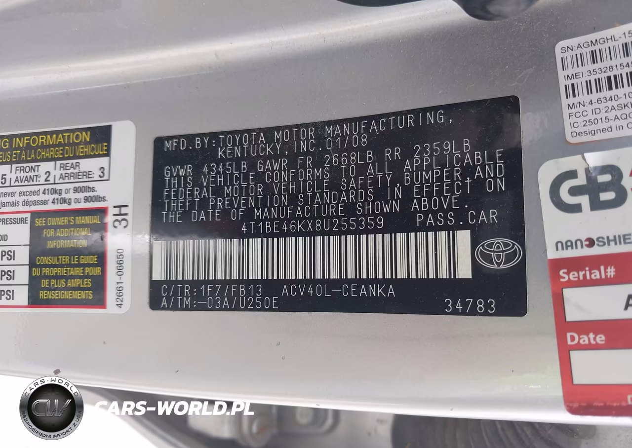 2008 Toyota Camry Ce-Le-Xle-Se VIN:4T1BE46KX8U255359 - 9