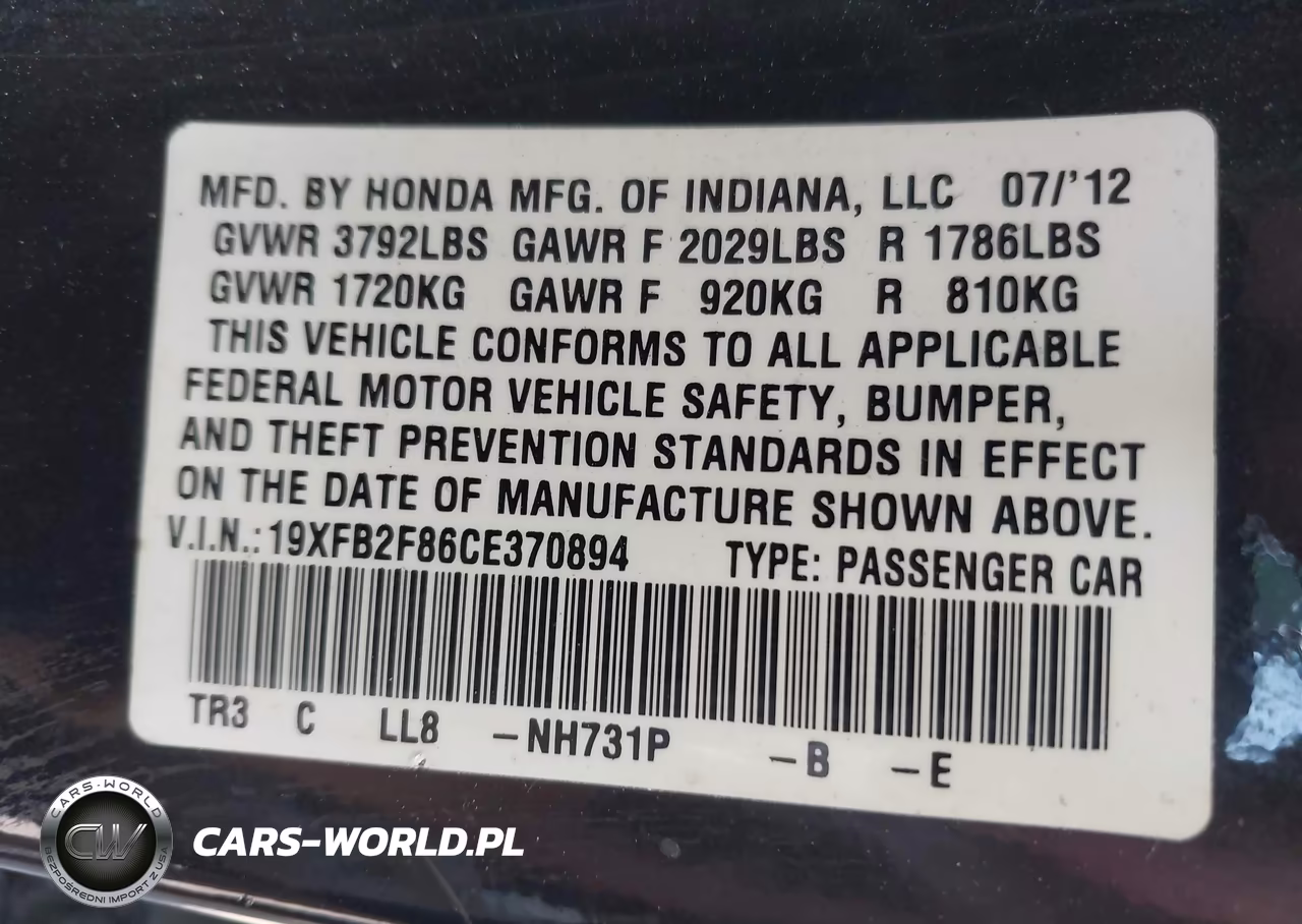 2012 Honda Civic Ex VIN:19XFB2F86CE370894 - 9