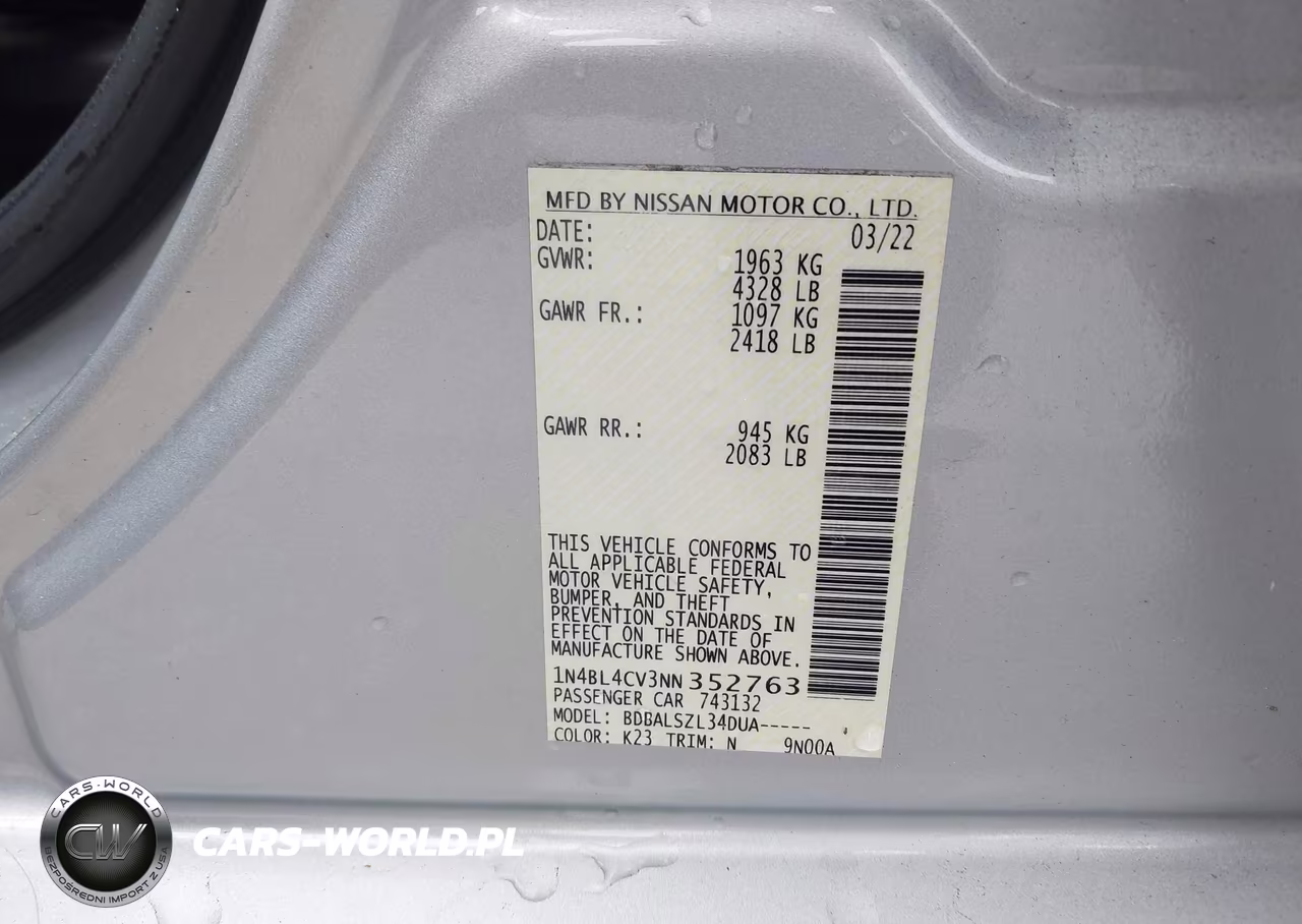 2022 Nissan Altima Sr Fwd VIN:1N4BL4CV3NN352763 - 9