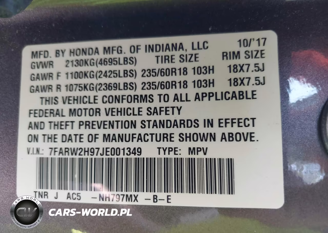 2018 Honda Cr-V Touring VIN:7FARW2H97JE001349 - 9