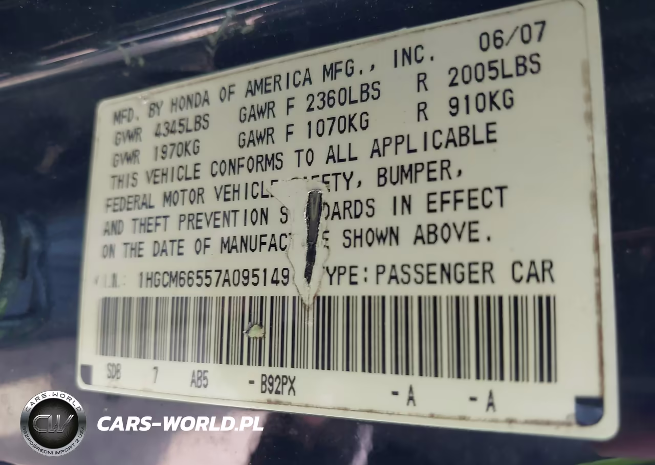 2007 Honda Accord 3.0 Ex VIN:1HGCM66557A095149 - 9