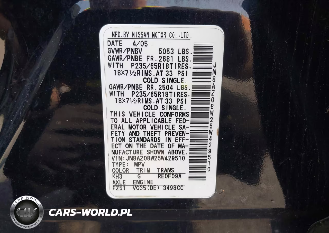 2005 Nissan Murano Sl VIN:JN8AZ08W25W429510 - 9