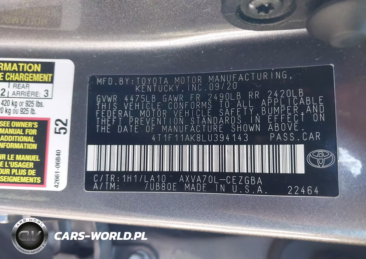 2020 Toyota Camry Xle VIN:4T1F11AK8LU394143 - 9
