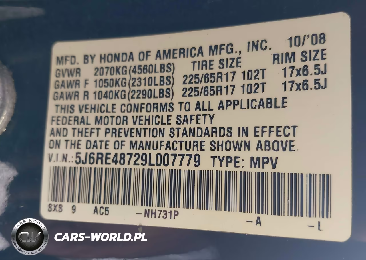 2009 Honda Cr-V Ex-L VIN:5J6RE48729L007779 - 9