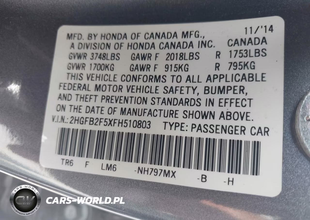 2015 Honda Civic Lx VIN:2HGFB2F5XFH510803 - 9