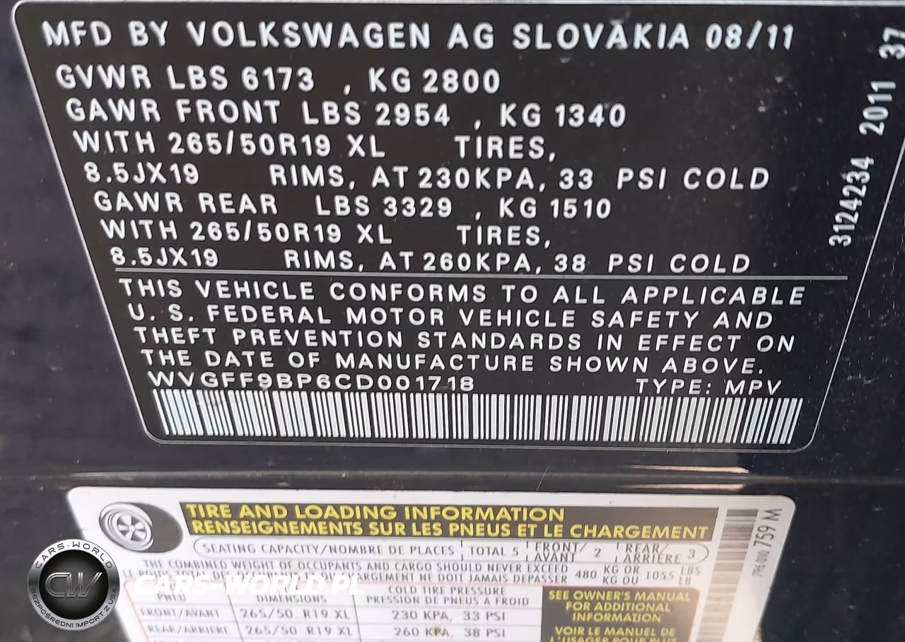 2012 Volkswagen Touareg Vr6 Lux VIN:WVGFF9BP6CD001718 - 9