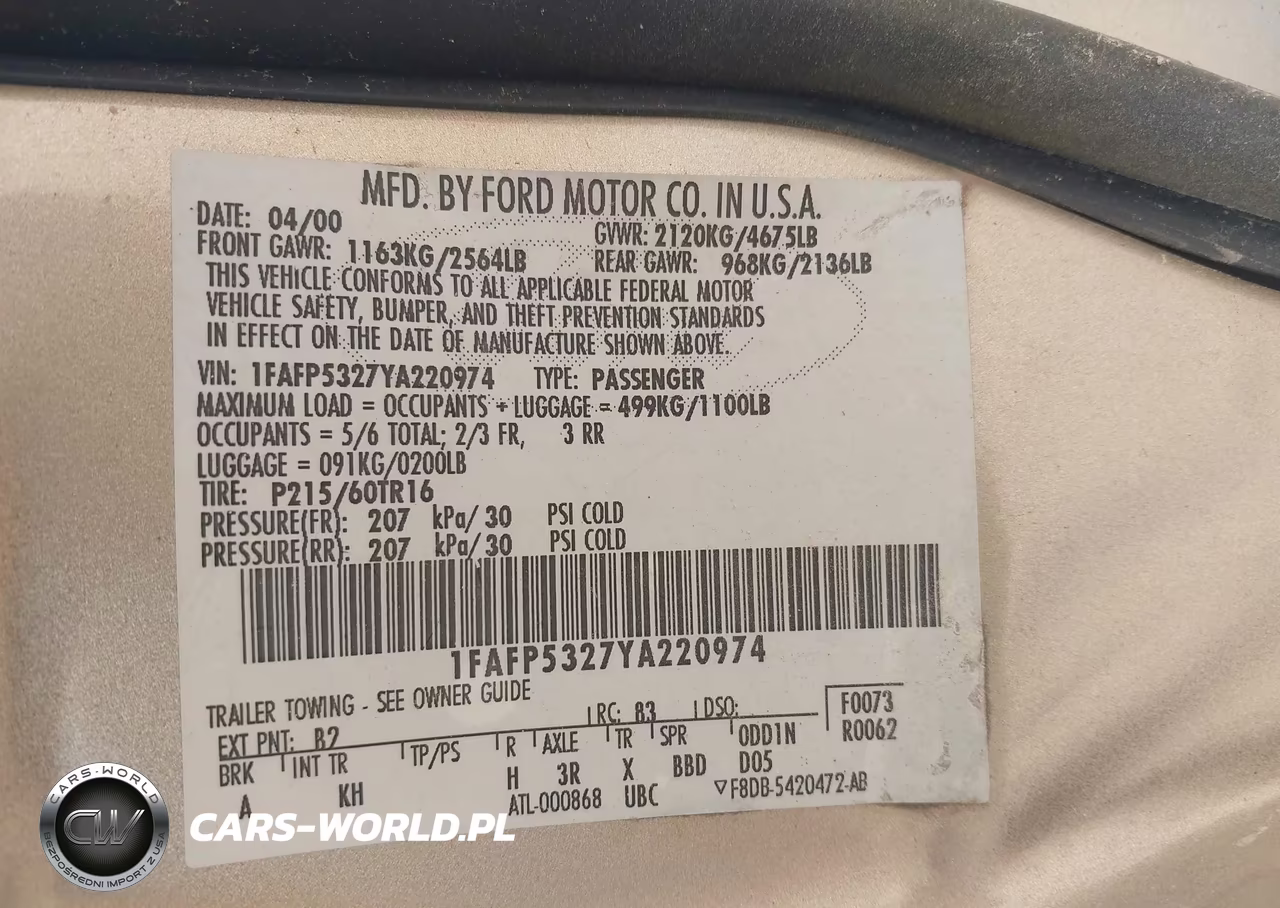 2000 Ford Taurus Se VIN:1FAFP5327YA220974 - 9
