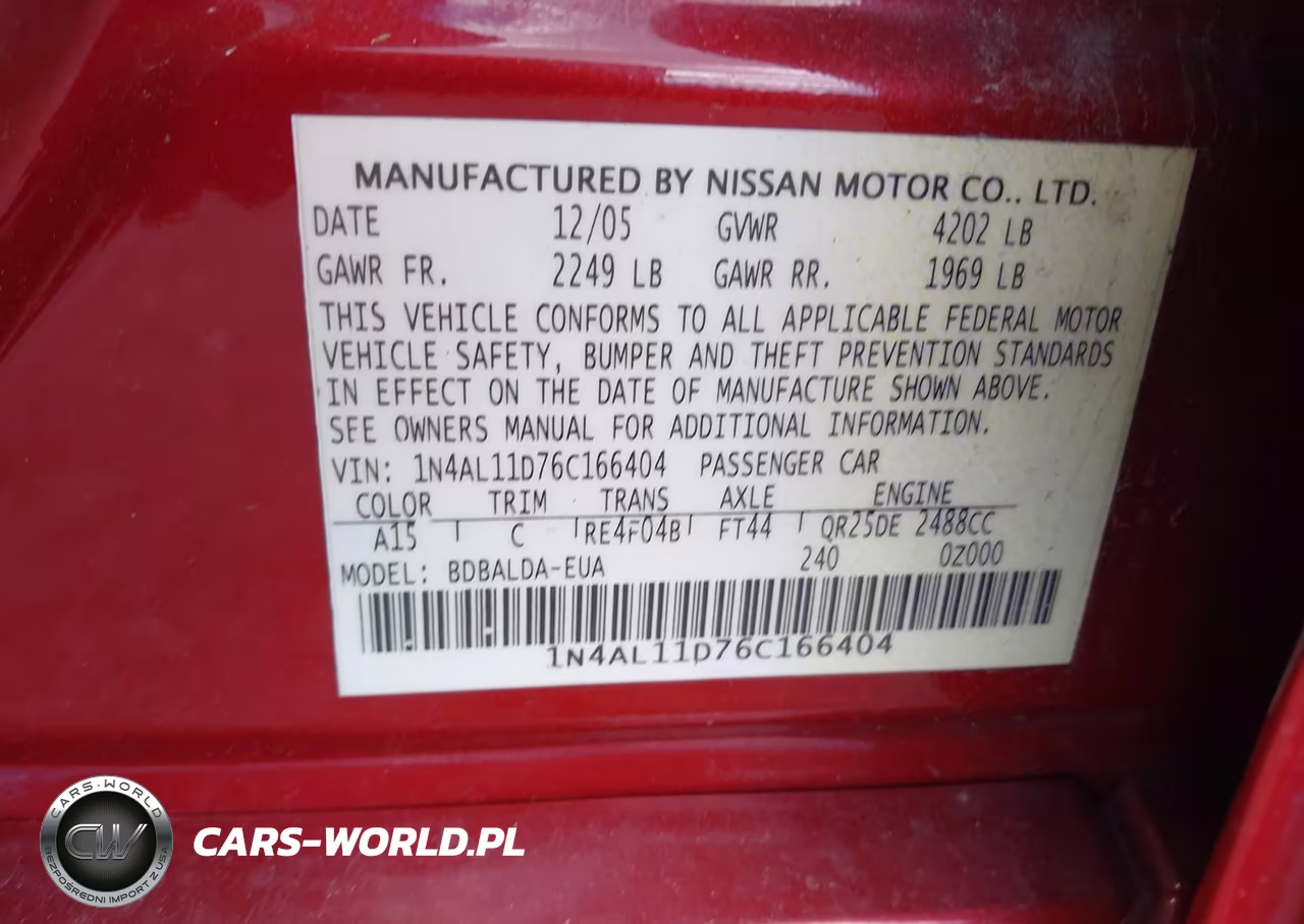 2006 Nissan Altima 2.5 S VIN:1N4AL11D76C166404 - 9