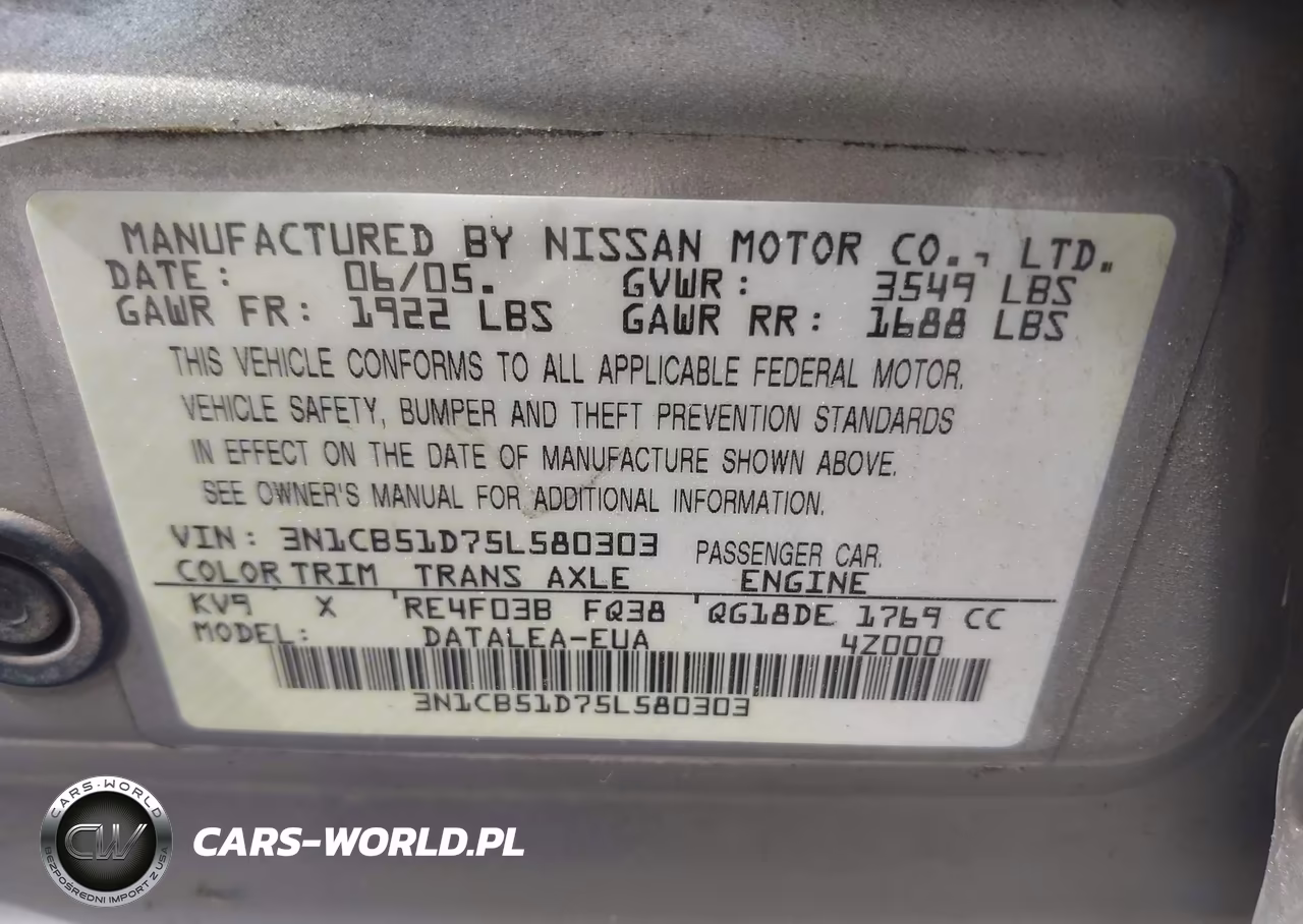 2005 Nissan Sentra 1.8S VIN:3N1CB51D75L580303 - 9