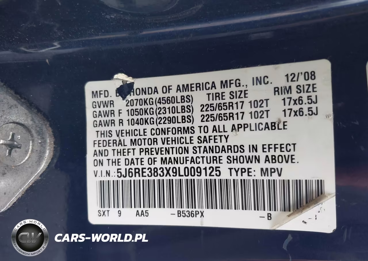 2009 Honda Cr-V Lx VIN:5J6RE383X9L009125 - 9