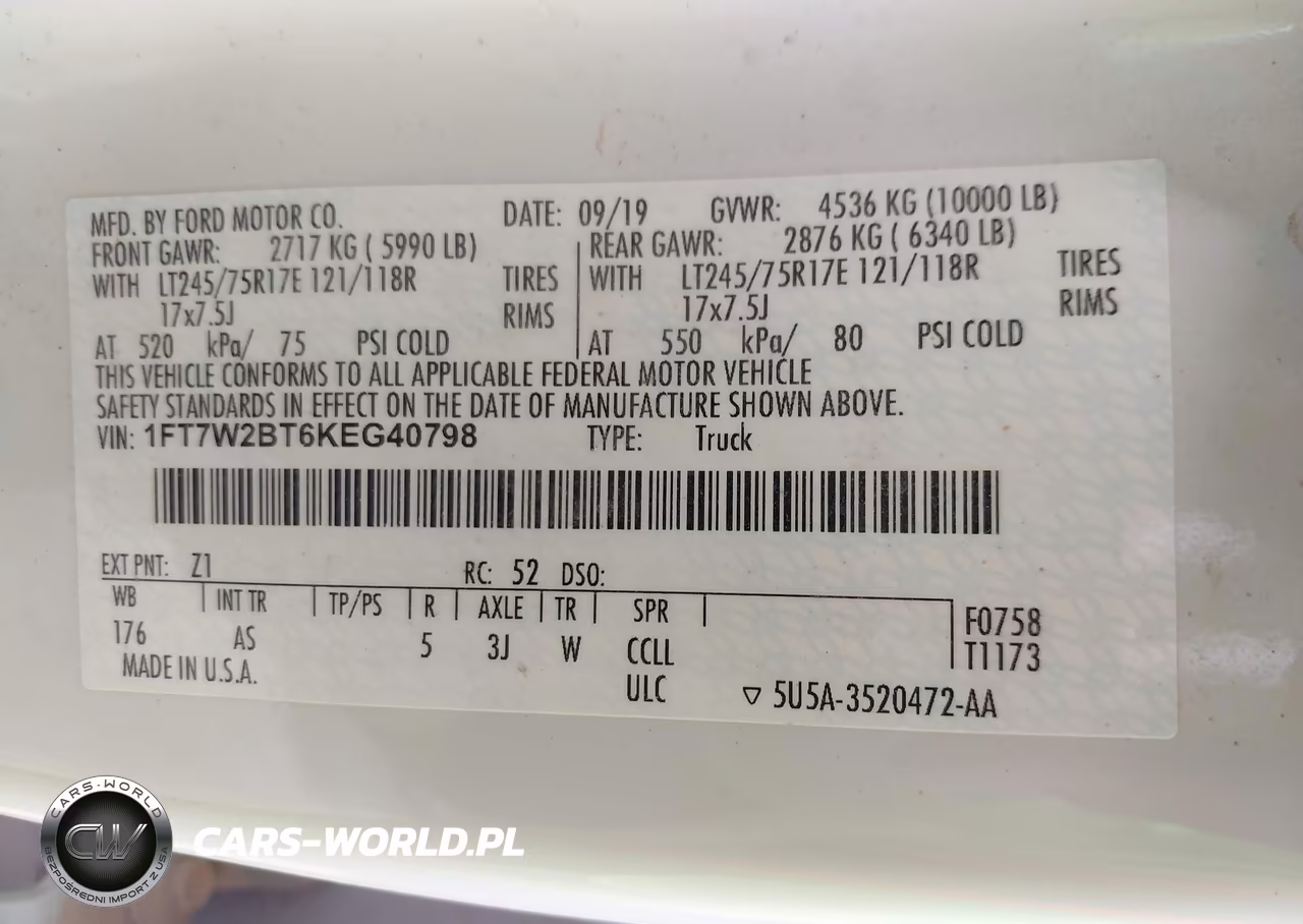 2019 Ford F-250 Xl VIN:1FT7W2BT6KEG40798 - 9