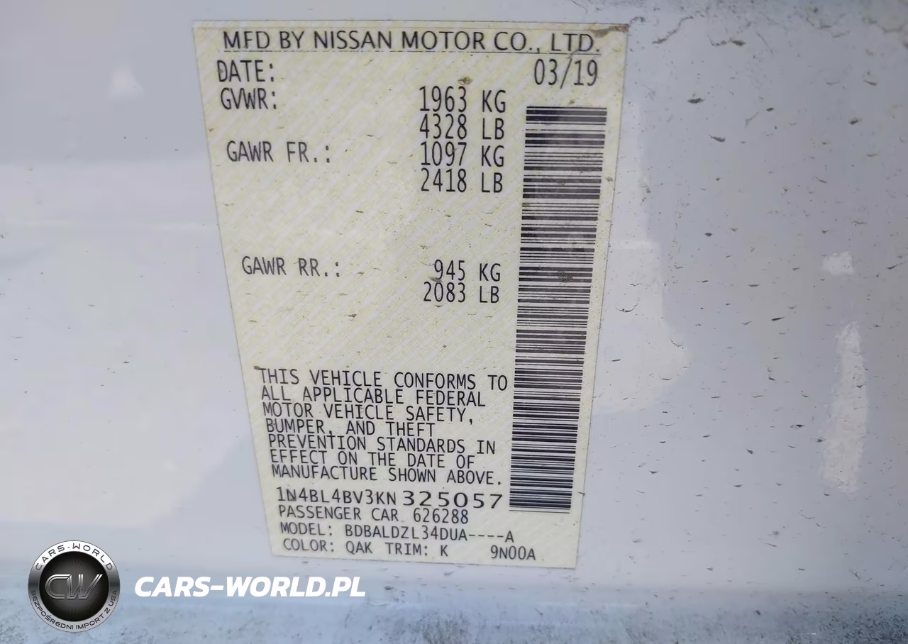 2019 Nissan Altima 2.5 S VIN:1N4BL4BV3KN325057 - 9