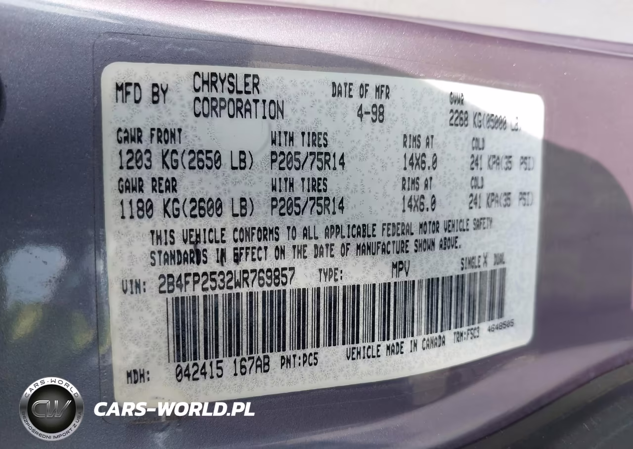 1998 Dodge Caravan VIN:2B4FP2532WR769857 - 9