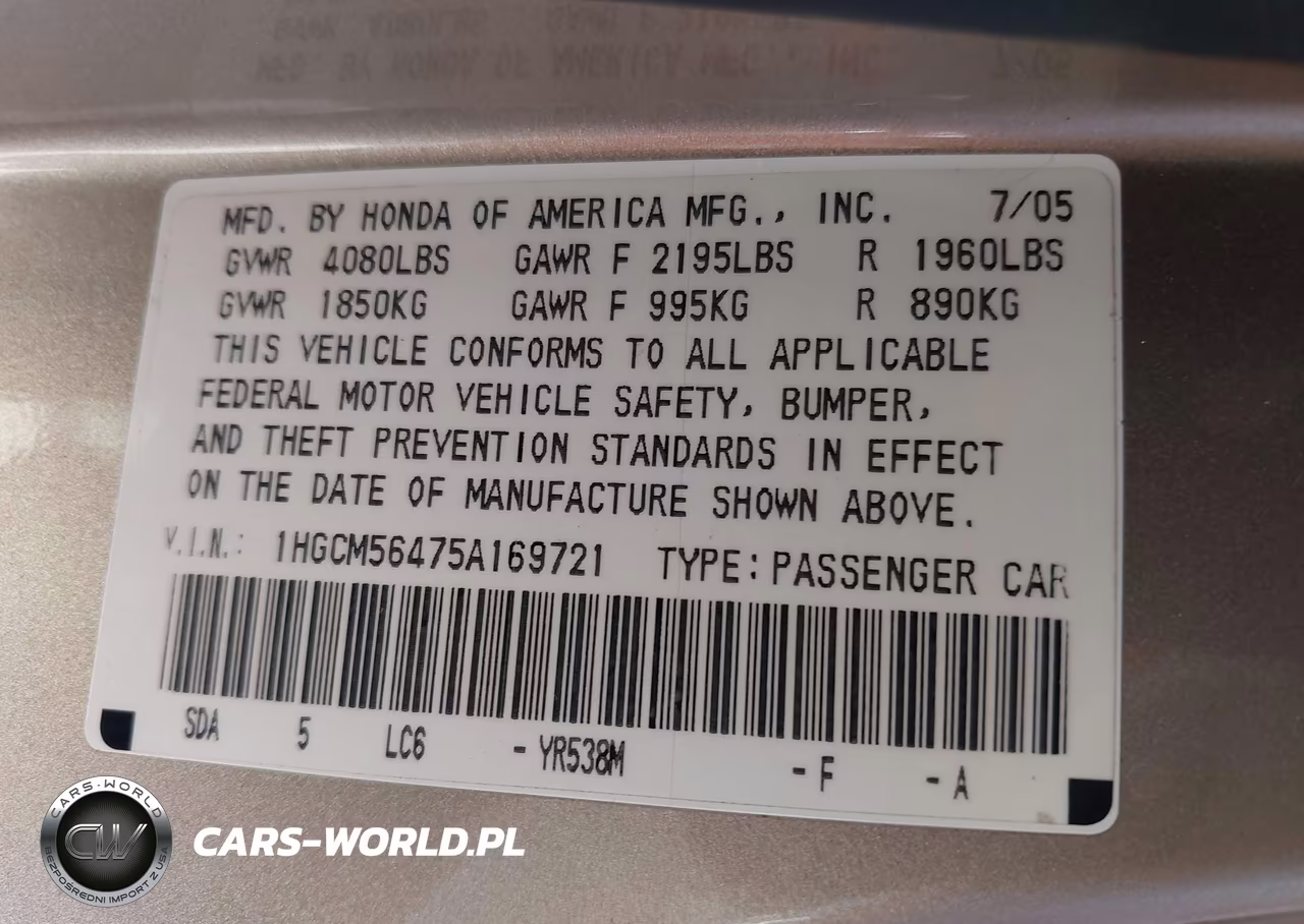 2005 Honda Accord 2.4 Lx VIN:1HGCM56475A169721 - 9