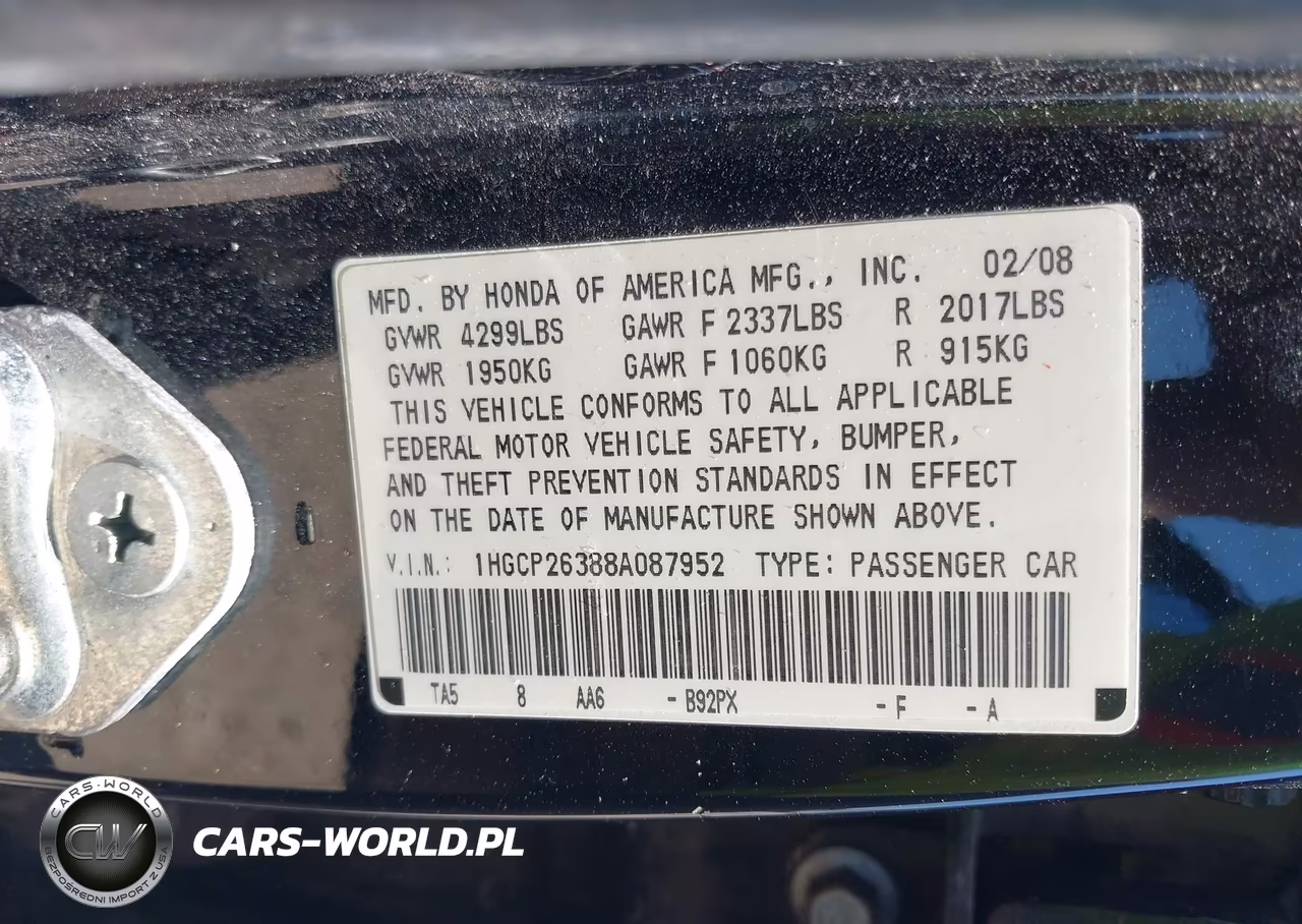 2008 Honda Accord 2.4 Lx VIN:1HGCP26388A087952 - 9
