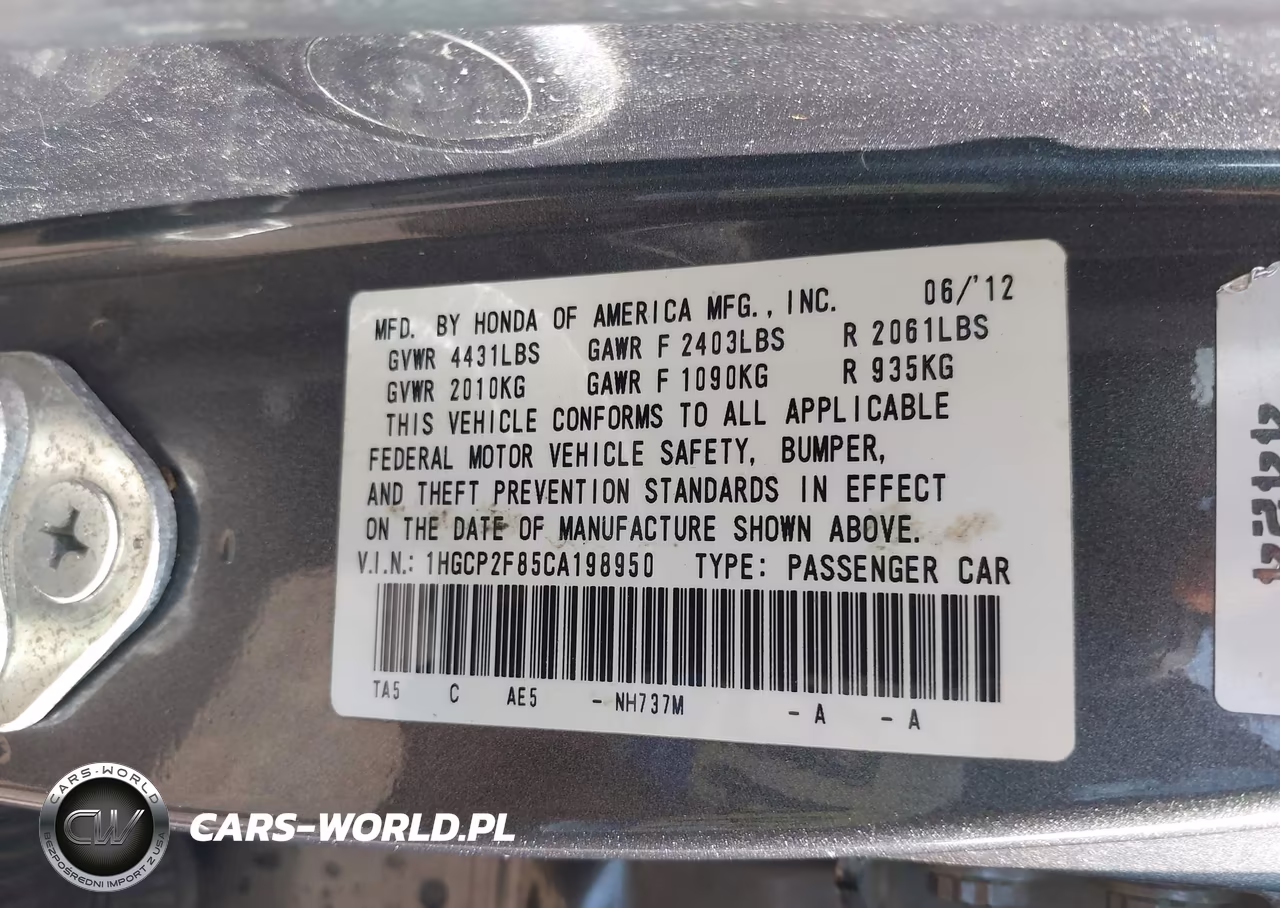 2012 Honda Accord 2.4 Ex-L VIN:1HGCP2F85CA198950 - 9