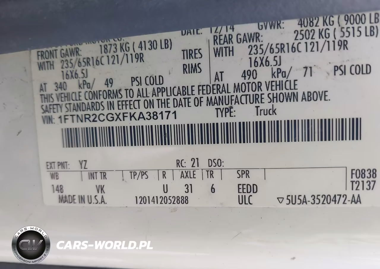 FORD TRANSIT T- VIN:1FTNR2CGXFKA38171 - 9
