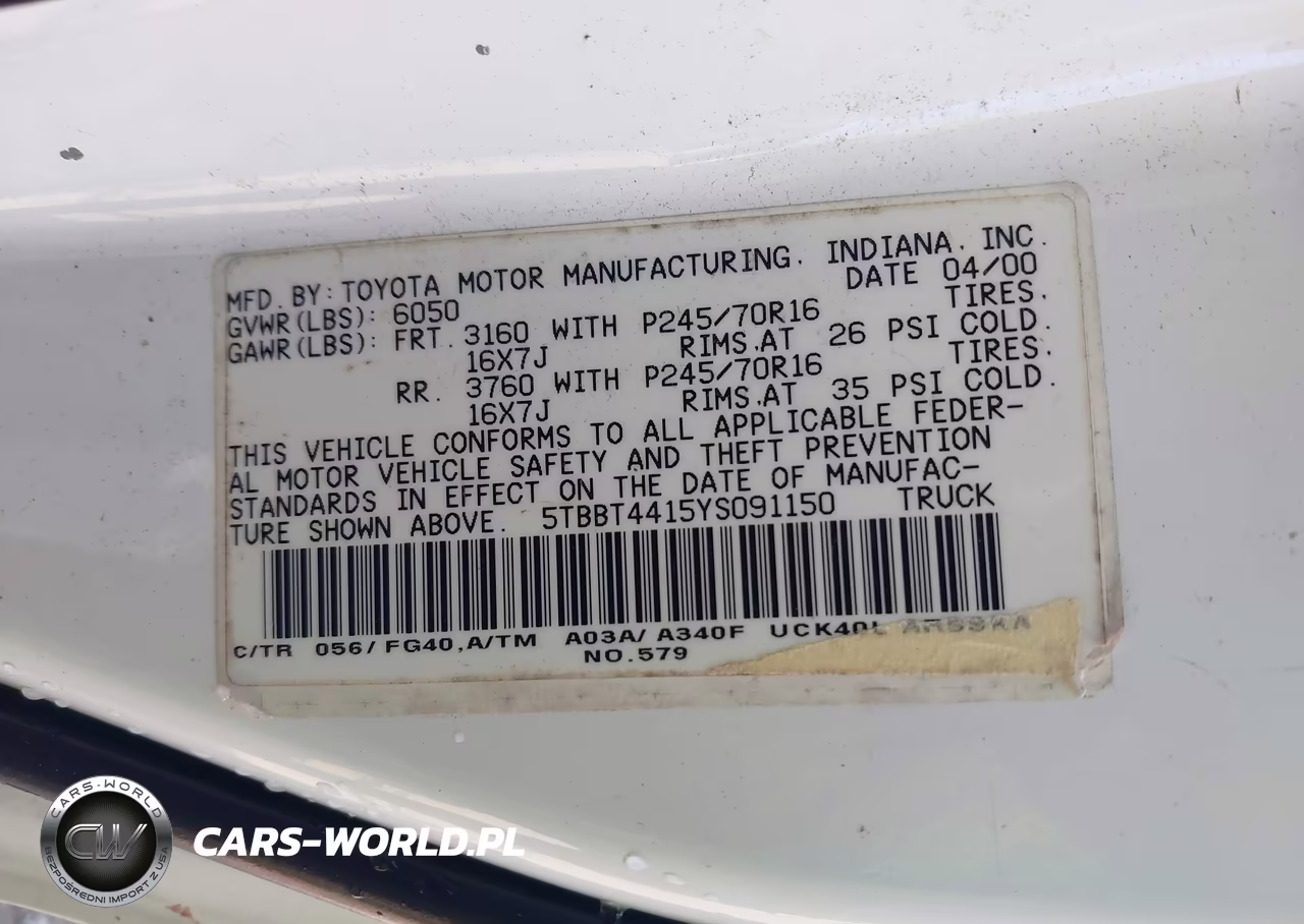 2000 Toyota Tundra Sr5 V8 VIN:5TBBT4415YS091150 - 9