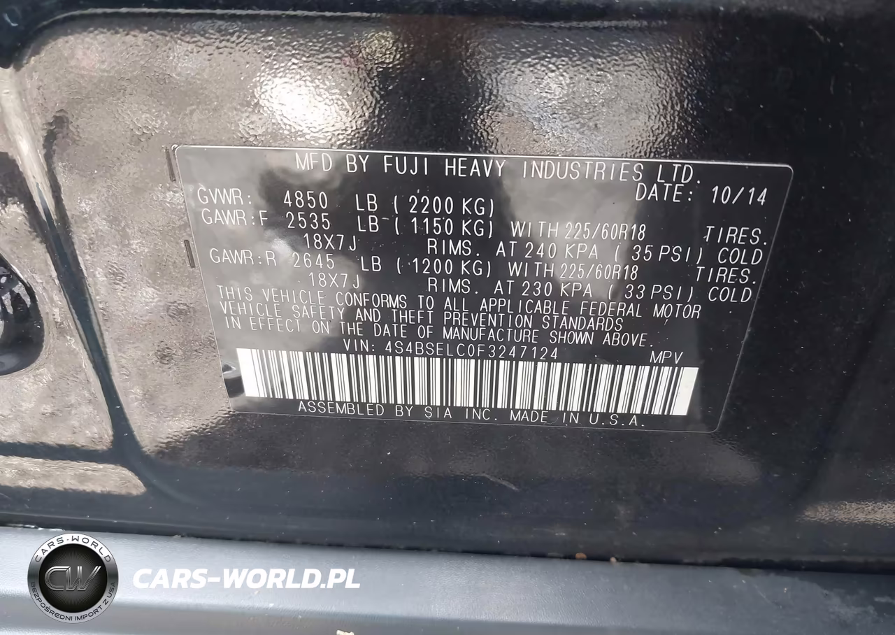 2015 Subaru Outback 3.6R Limited VIN:4S4BSELC0F3247124 - 9