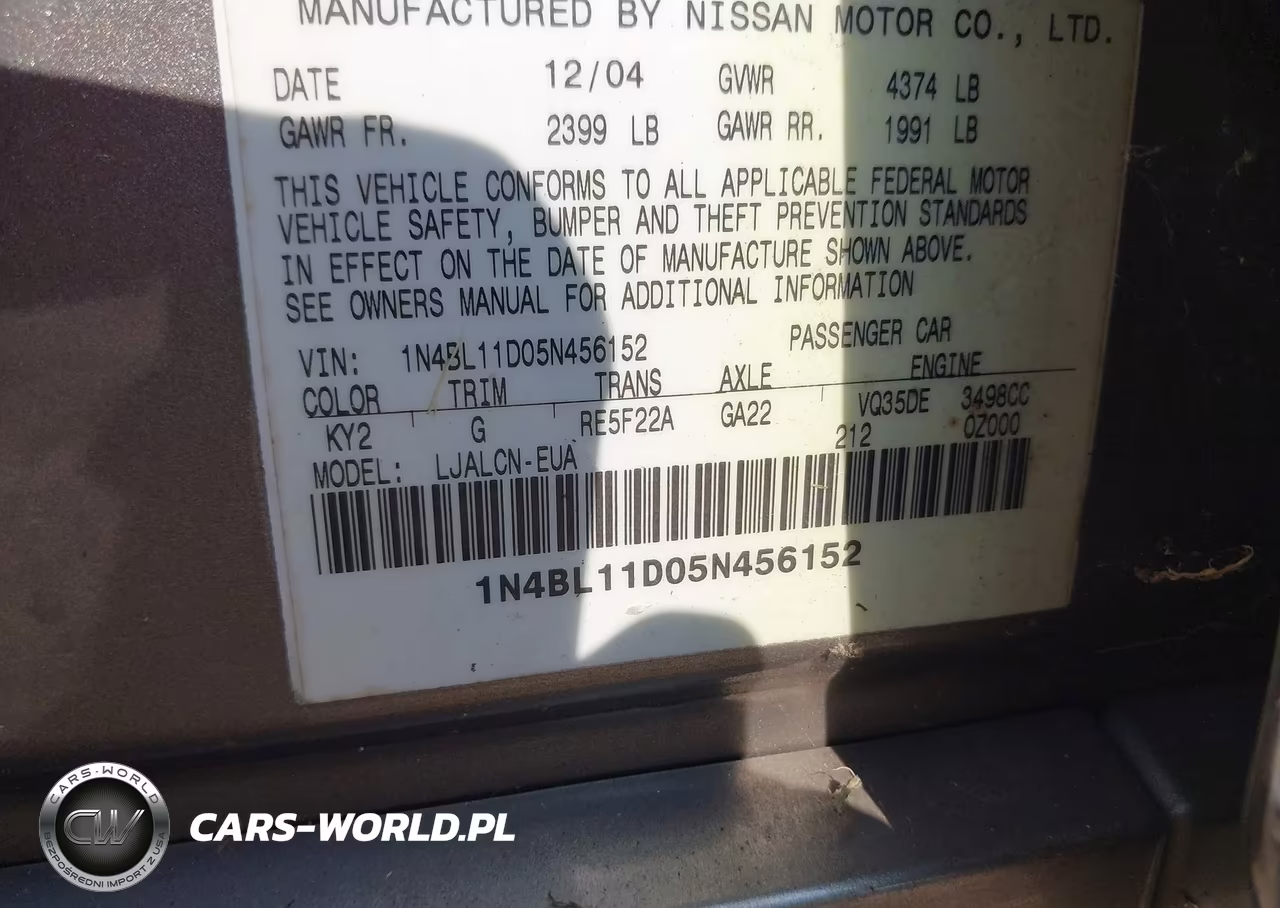 2005 Nissan Altima 3.5 Se VIN:1N4BL11D05N456152 - 9