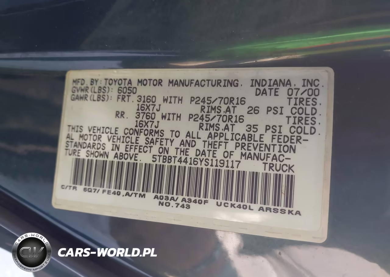 2000 Toyota Tundra Sr5 V8 VIN:5TBBT4416YS119117 - 9