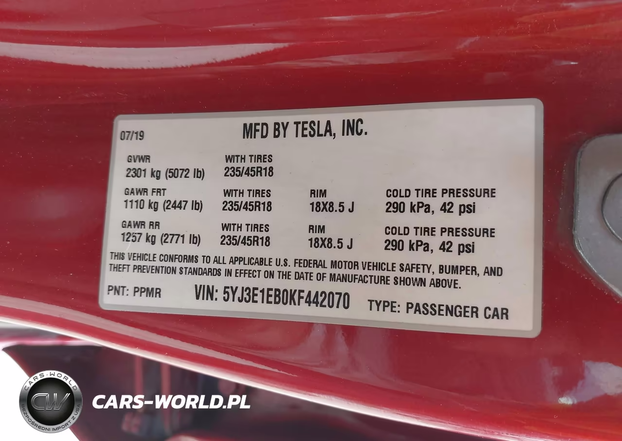 2019 Tesla Model 3 VIN:5YJ3E1EB0KF442070 - 9