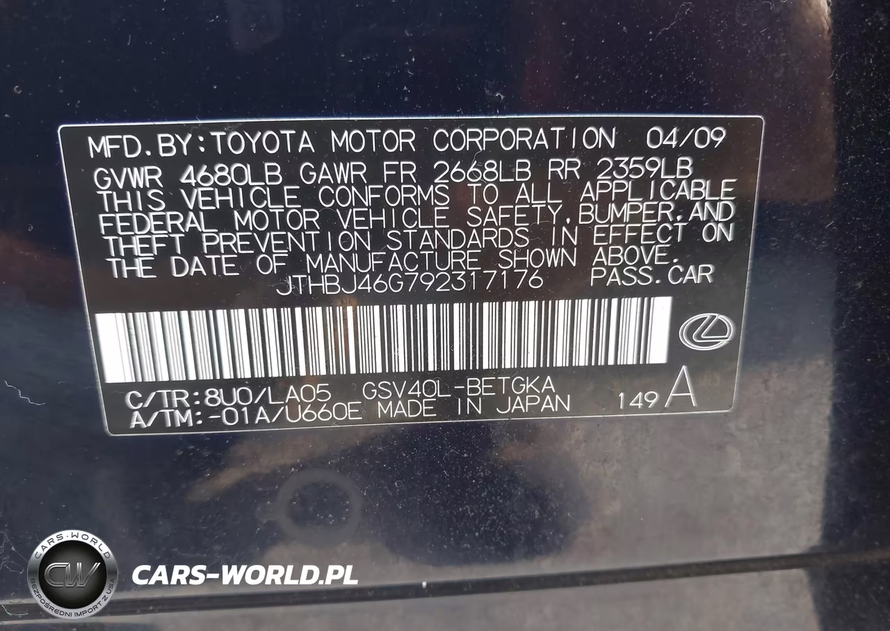 2009 Lexus Es 350 VIN:JTHBJ46G792317176 - 9