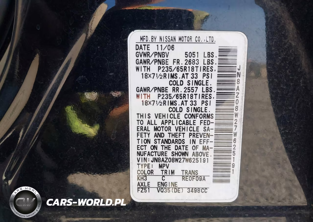 2007 Nissan Murano S VIN:JN8AZ08W27W625191 - 9