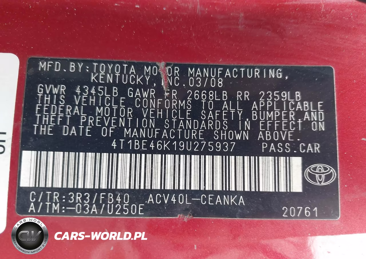 2009 TOYOTA CAMRY LE VIN:4T1BE46K19U275937 - 9