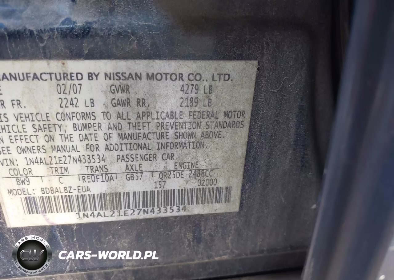 2007 Nissan Altima 2.5 S VIN:1N4AL21E27N433534 - 9