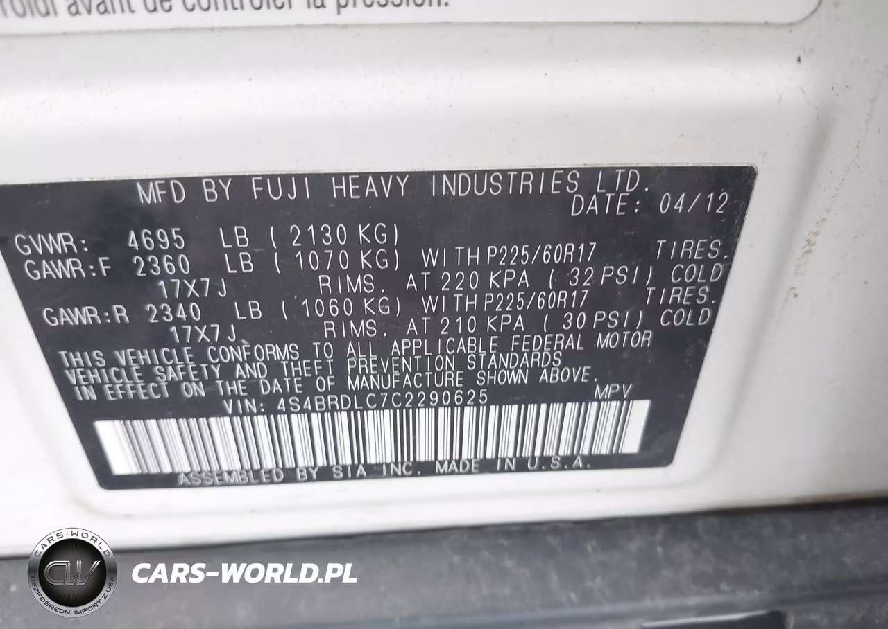2012 Subaru Outback 3.6R Limited VIN:4S4BRDLC7C2290625 - 9