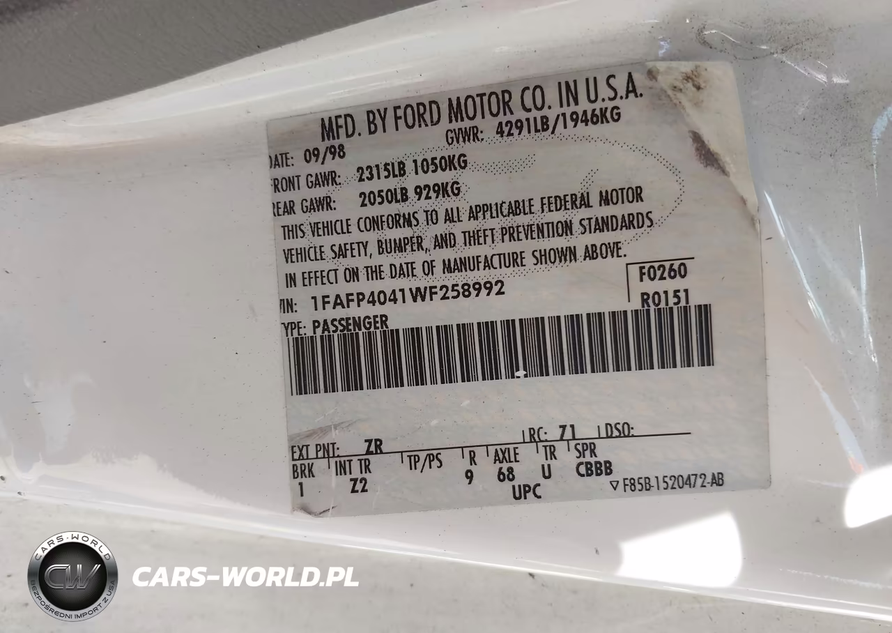 1998 Ford Mustang VIN:1FAFP4041WF258992 - 9