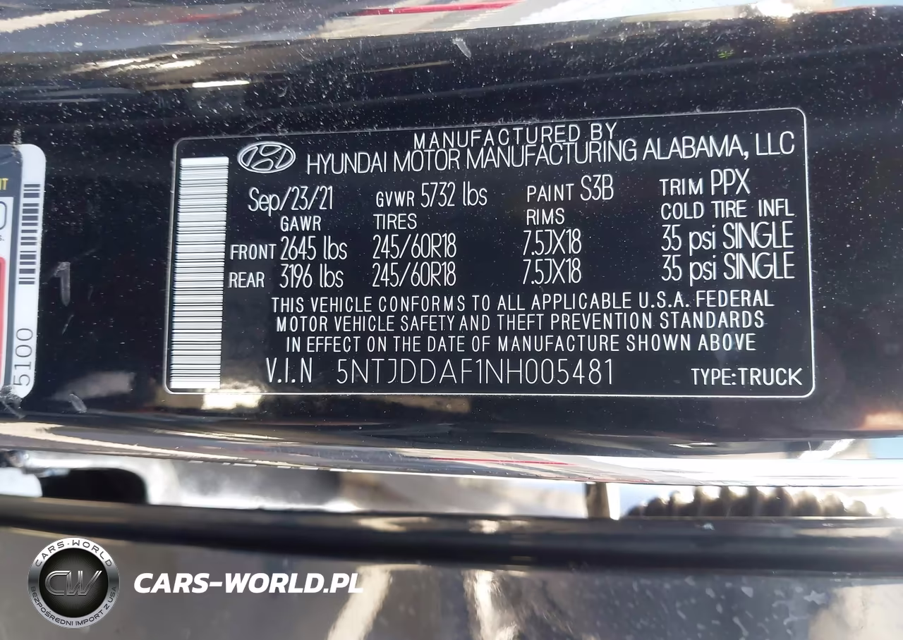 HYUNDAI SANTA CRUZ VIN:5NTJDDAF1NH005481 - 9