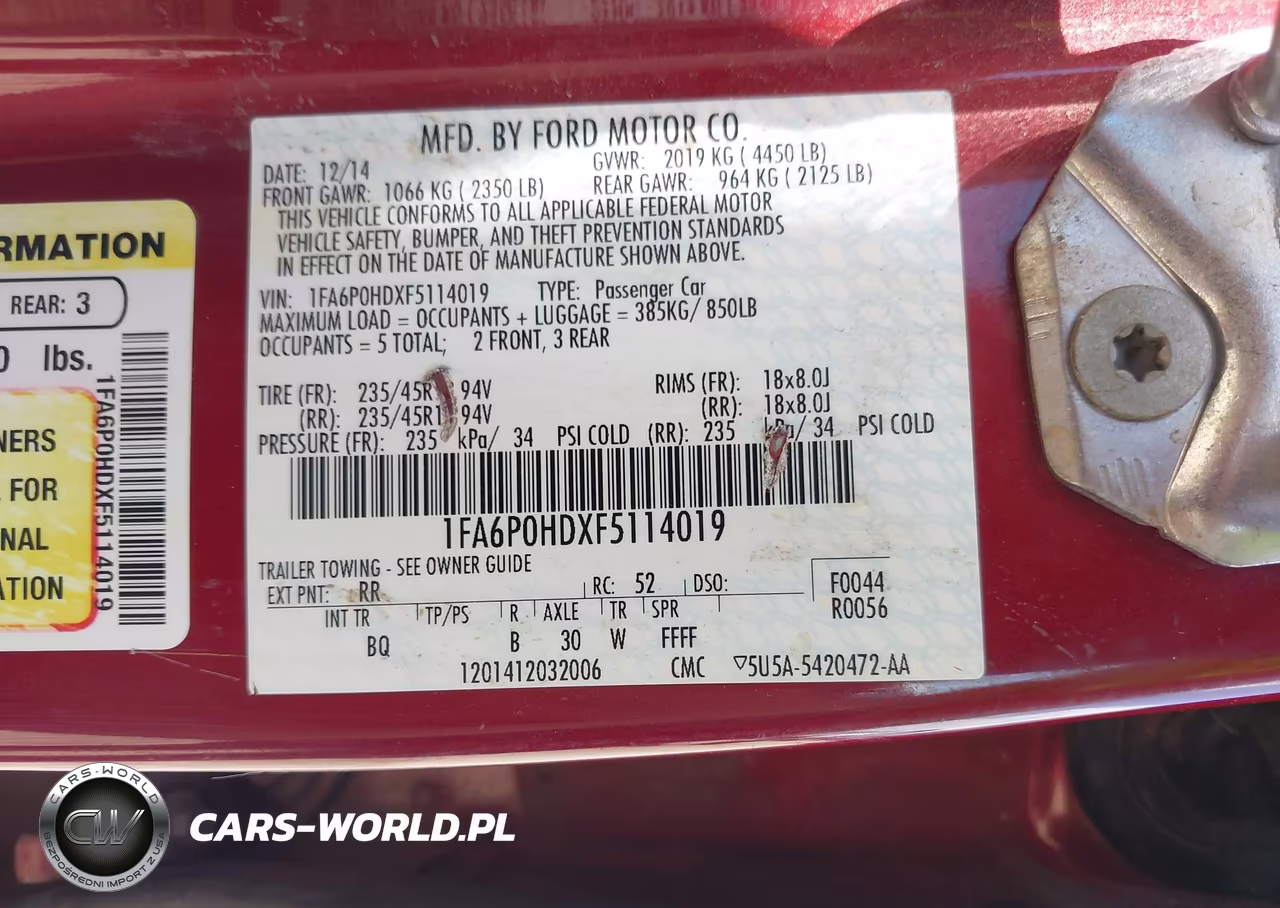 FORD FUSION VIN:1FA6P0HDXF5114019 - 9